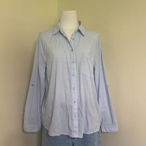 Blue White Striped Cherry Embroidered Button Down Shirt Roll Tab Sleeve